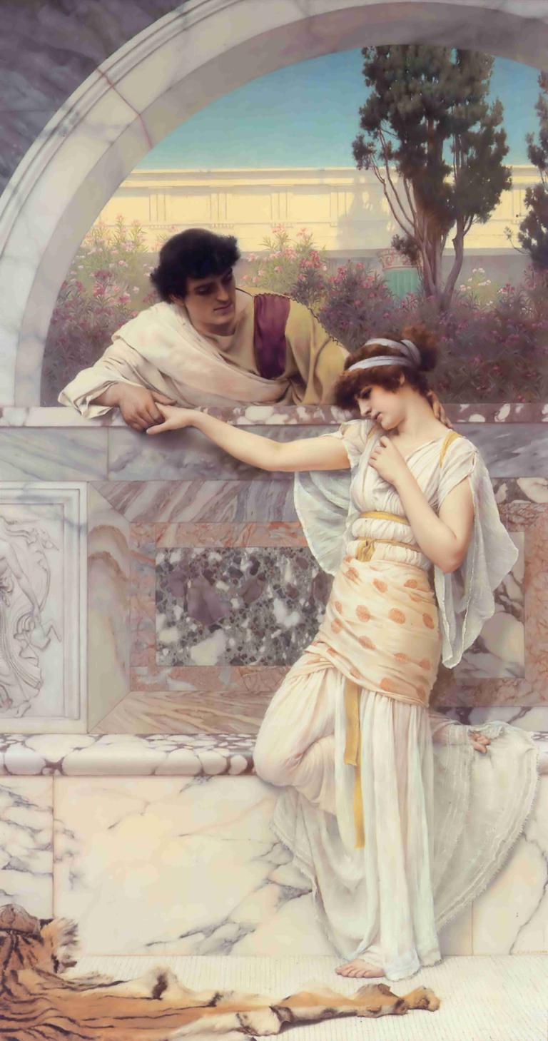 Yes or No Date,John William Godward,Oil Painting,Oil Painting, fine art parody, black hair, statue