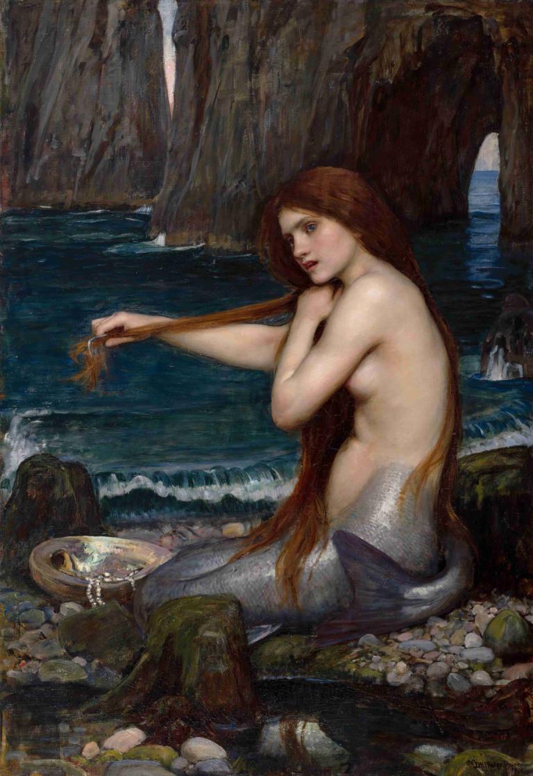 A Mermaid,人魚姫,John William Waterhouse,ジョン・ウィリアム・ウォーターハウス,油絵,油絵, 1女の子, ソロ, モンスター娘, 長い髪, ロック, 水, マーメイド, 胸, 横乳