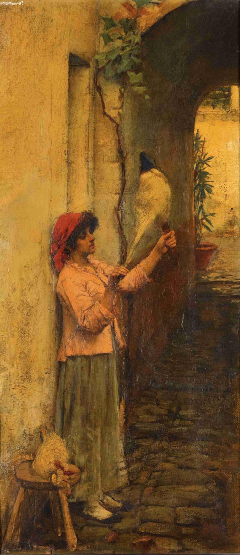 A Neapolitan Flax Spinner,那不勒斯的亞麻紡紗機,John William Waterhouse,約翰·威廉·沃特豪斯,油畫,油畫, 植物, 1個女孩, 獨奏, 鳥, 裙子, 常設, 黑髮