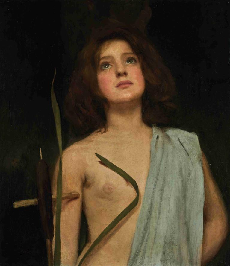 A Young Saint,John William Waterhouse,Oil Painting,Oil Painting, 1girl, solo, nipples, brown hair, realistic