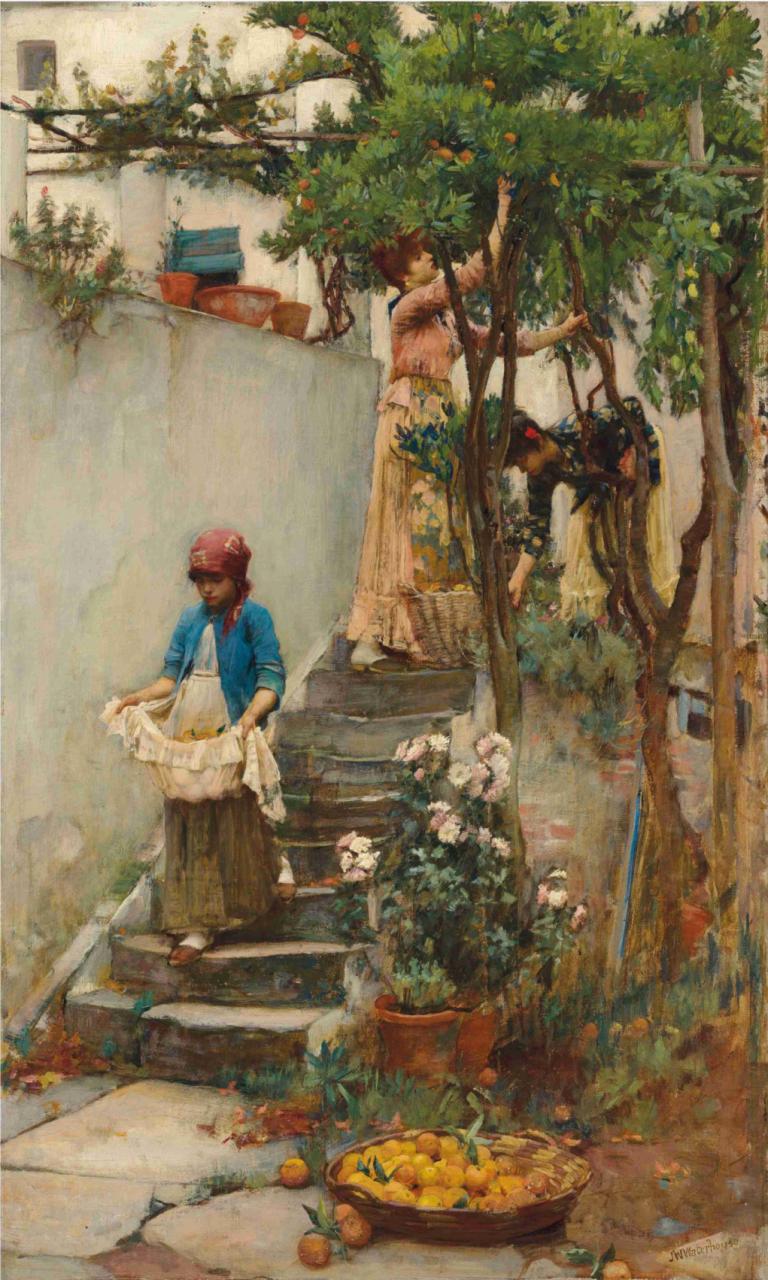 An Orange Garden,John William Waterhouse,Oil Painting,Oil Painting, stairs, tree, plant, flower, outdoors