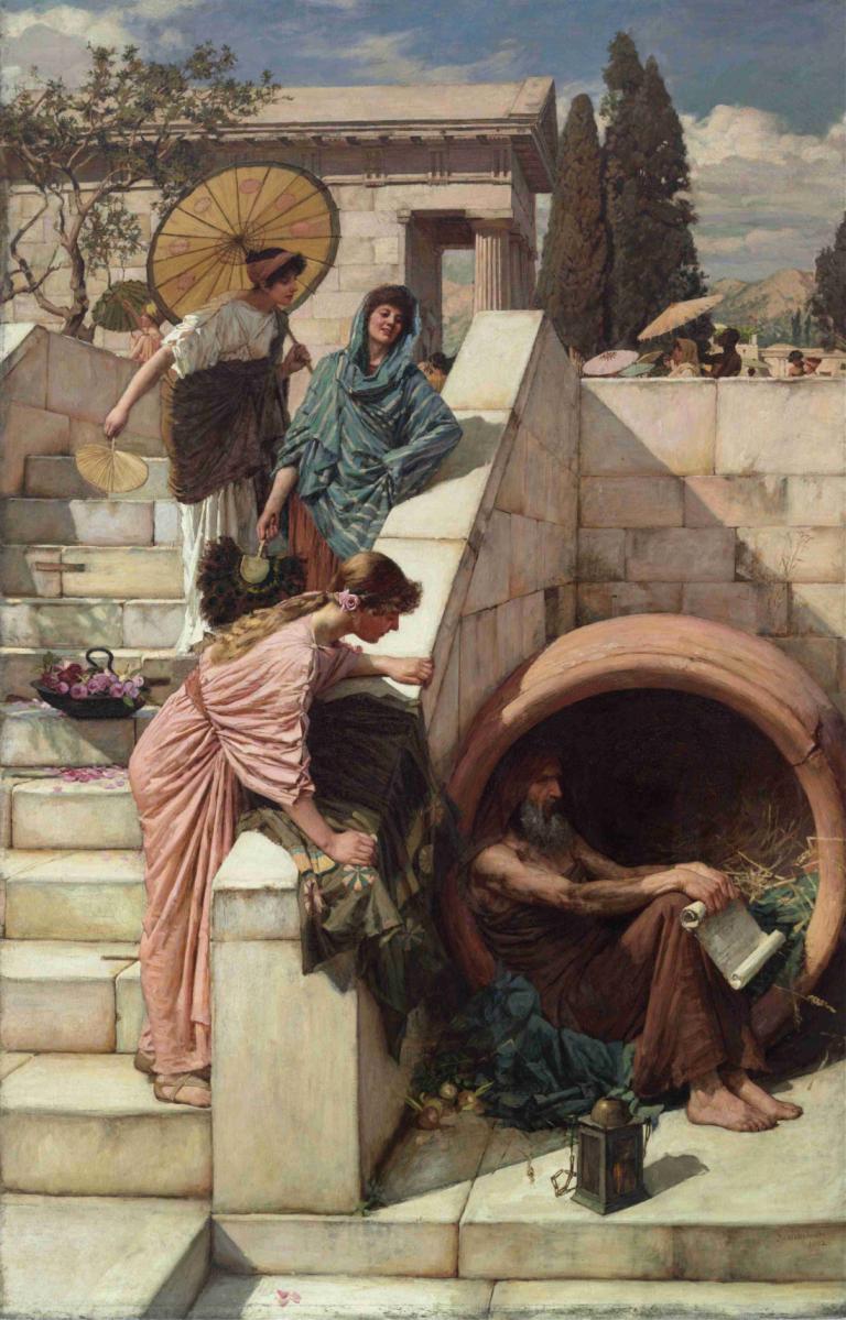 Diogenes,提奧奇尼斯,John William Waterhouse,約翰·威廉·沃特豪斯,油畫,油畫, 多個男孩, 樓梯, 帽子, 樹, 傘, 黑髮, 戶外, 赤腳, 坐著, 食物