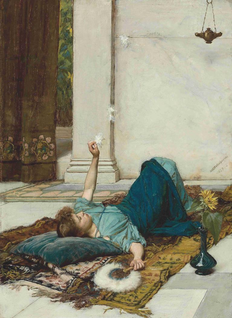 Dolce Far Niente,John William Waterhouse,Oil Painting,Oil Painting, flower, lying, solo, brown hair, on back