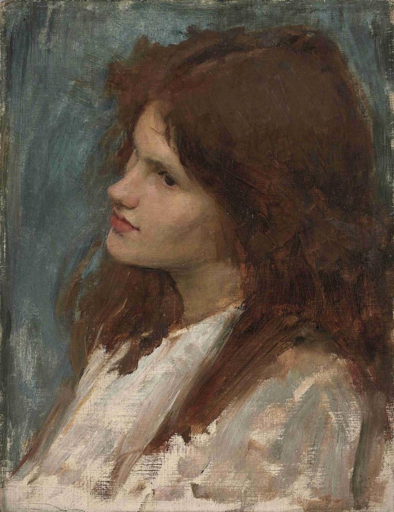 Head of a Girl,John William Waterhouse,Oil Painting,Oil Painting, 1girl, solo, brown hair, long hair