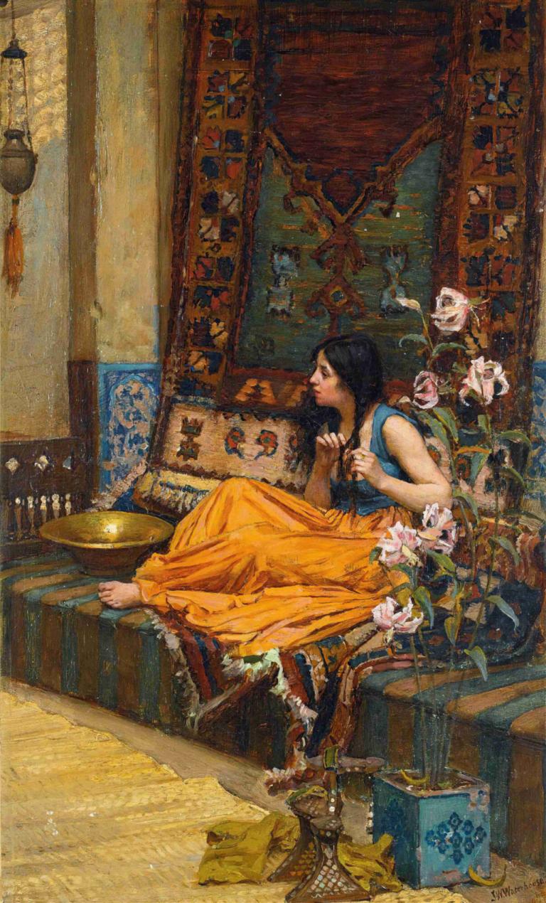 In The Harem, An Odalisque,ハレムのオダリスク,John William Waterhouse,ジョン・ウィリアム・ウォーターハウス,油絵,油絵, 1女の子, 黒髪, ソロ, 裸足