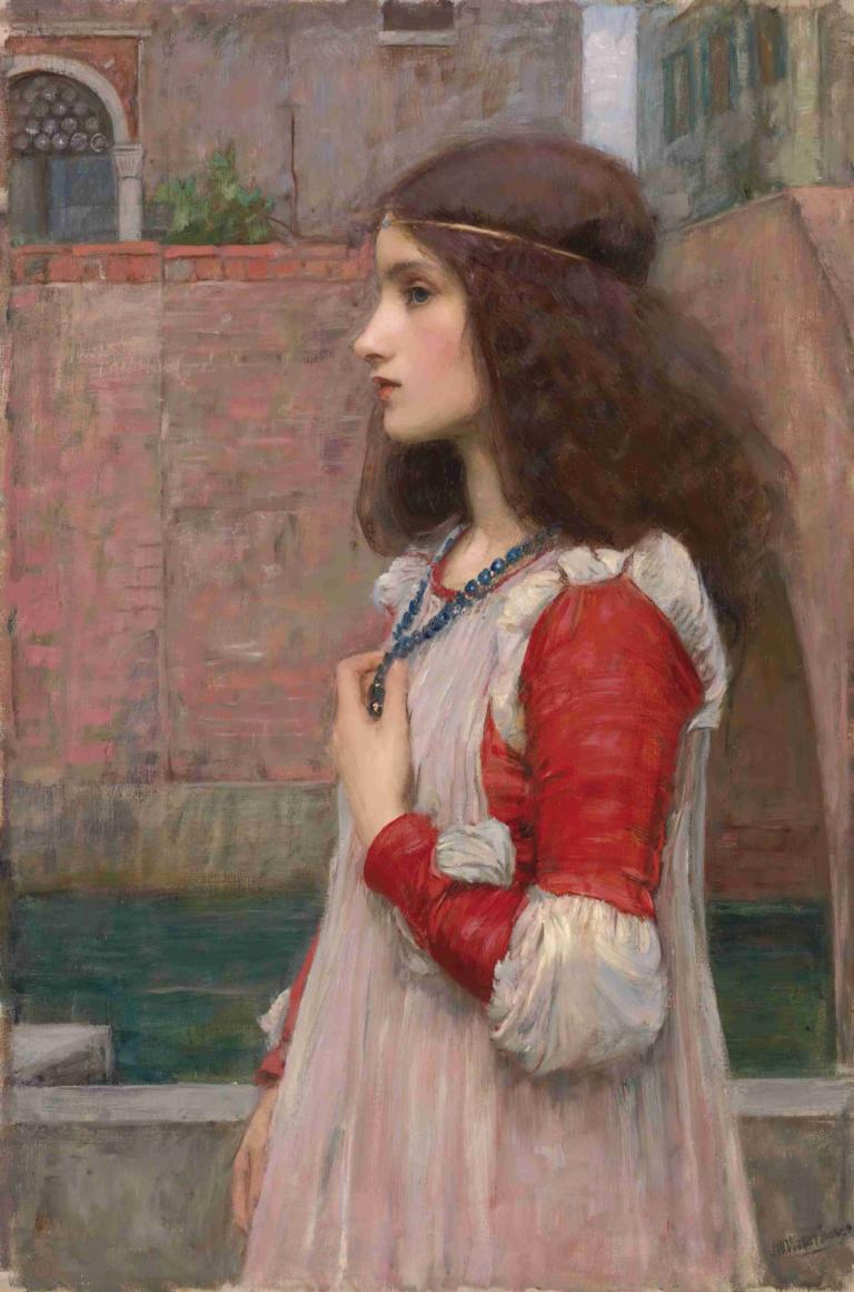 Juliet,John William Waterhouse,Oil Painting,Oil Painting, 1girl, solo, jewelry, necklace, brown hair, dress