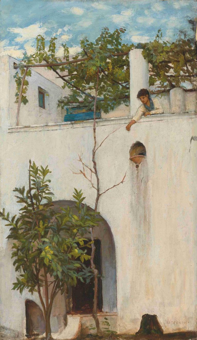 Lady On A Balcony, Capri,John William Waterhouse,Oil Painting,Oil Painting, tree, sky, outdoors, day, cloud