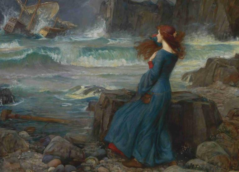 Miranda-The Tempest,米蘭達--暴風雨,John William Waterhouse,約翰·威廉·沃特豪斯,油畫,油畫, 1個女孩, 裙子, 長髮, 獨奏, 水, 棕色的頭髮, 船隻, 波浪