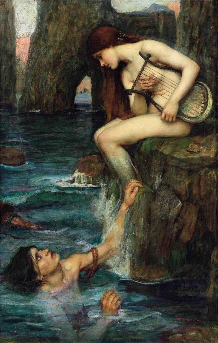 The Siren,Syrena,John William Waterhouse,Obraz olejny,Obraz olejny, parodia sztuki, woda, instrument