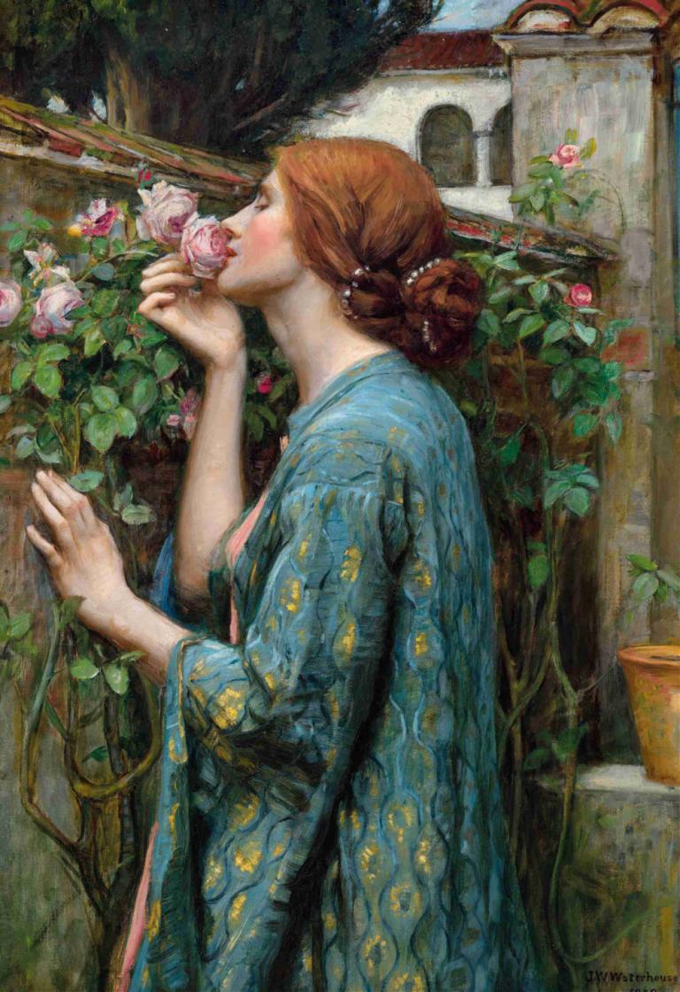 The Soul of the Rose,Duše růže,John William Waterhouse,Olejomalba,Olejomalba, 1 dívka, sólo, květ, rostlina