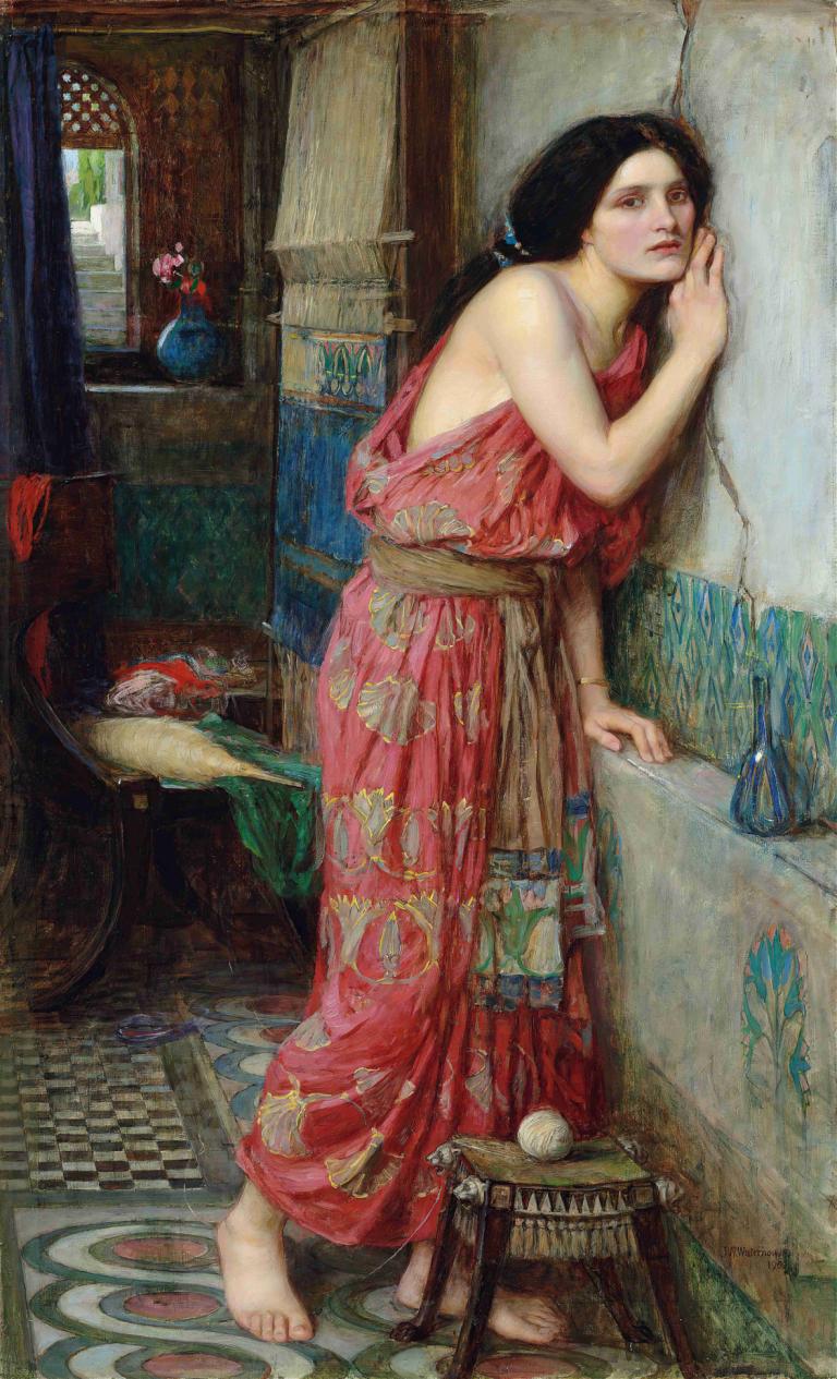 Thisbe,ティスベ,John William Waterhouse,ジョン・ウィリアム・ウォーターハウス,油絵,油絵, 1女の子, 裸足, ソロ, 現実的な, 黒髪, 長い髪, 美術パロディ, 従来のメディア