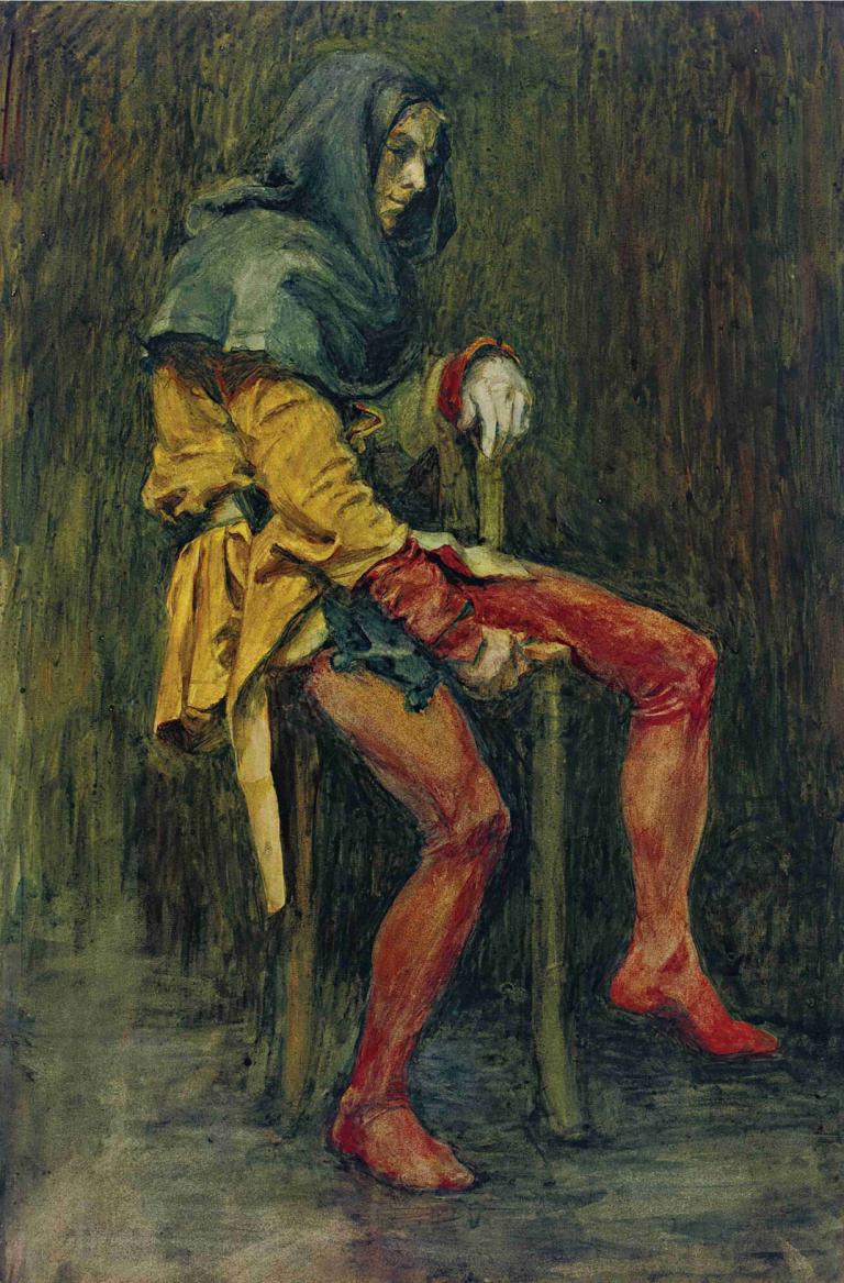 Touchstone, The Jester,Prubířský kámen, Šašek,John William Waterhouse,Olejomalba,Olejomalba, sólo