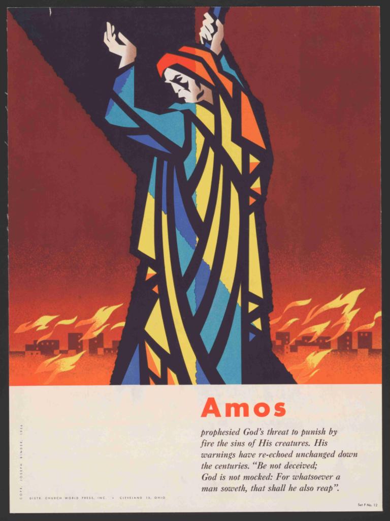 Amos,Joseph Binder,Illustration,Illustration, solo, male focus, parody, fire, 1boy, robe, english text