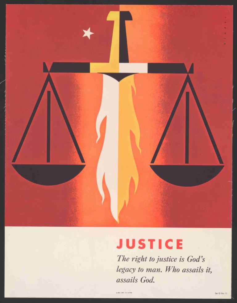 Justice,Joseph Binder,Illustration,Illustration, english text, sword, no humans, fire, parody, star (symbol)