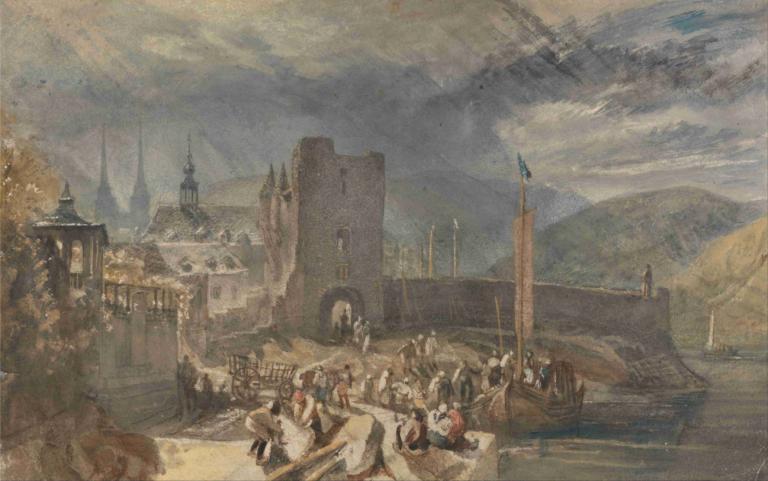 A View of Boppart, with Figures on the River Bank,Joseph Mallord William Turner,Oil Painting,Oil Painting