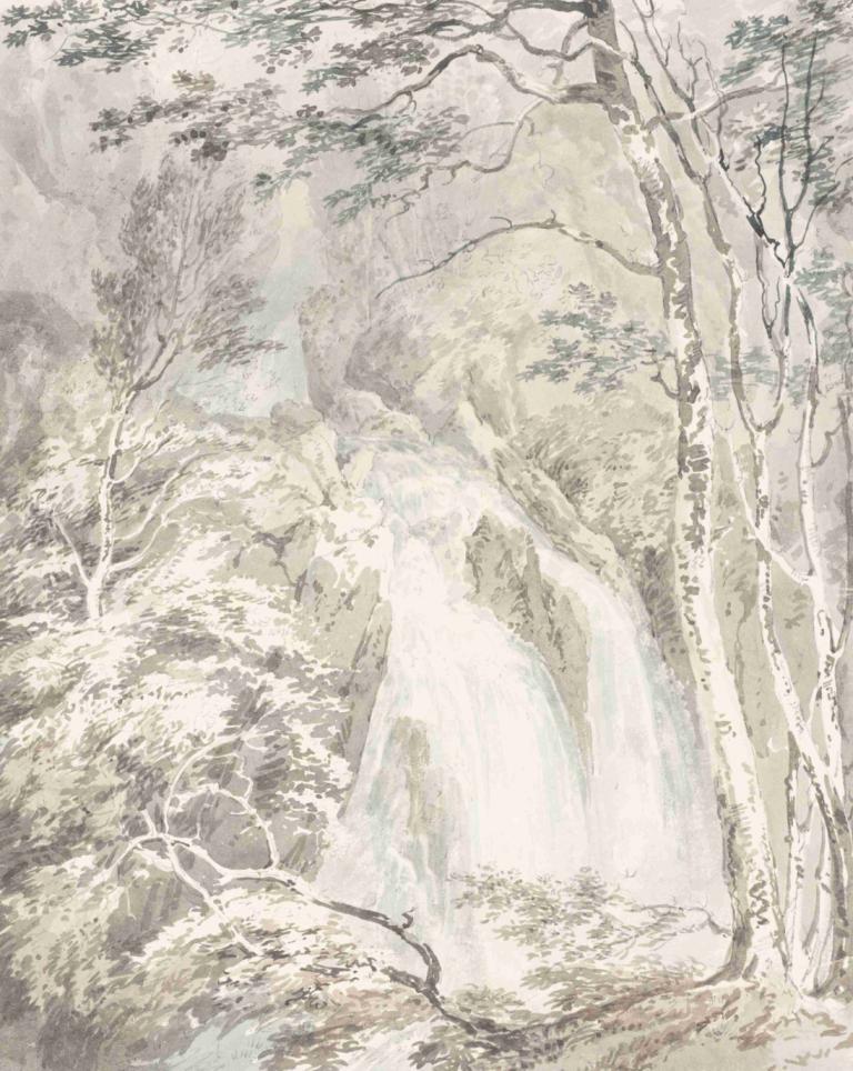 A Waterfall,瀑布,Joseph Mallord William Turner,约瑟夫-马洛德-威廉-透纳,铜版画,铜版画, 树, 自然, 风景, 没有人类, 户外, 森林, 传统媒体, 水, 瀑布