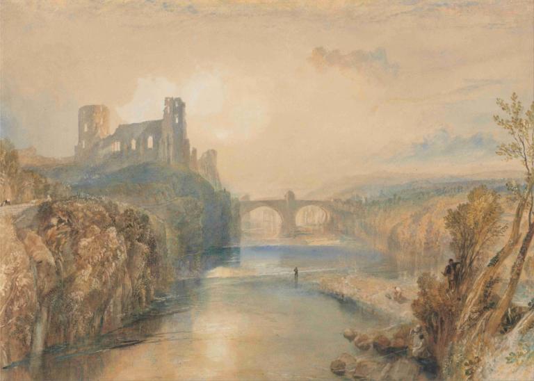 Barnard Castle,巴纳德城堡,Joseph Mallord William Turner,约瑟夫-马洛德-威廉-透纳,油画,油画, 风景, 树, 户外, 水, 天空, 没有人类, 云, 景观