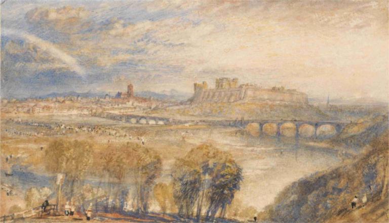 Carlisle,卡莱尔,Joseph Mallord William Turner,约瑟夫-马洛德-威廉-透纳,油画,油画, 风景, 树, 户外, 云, 传统媒体, 天空, 桥, 景观, 河, 没有人类, 建筑