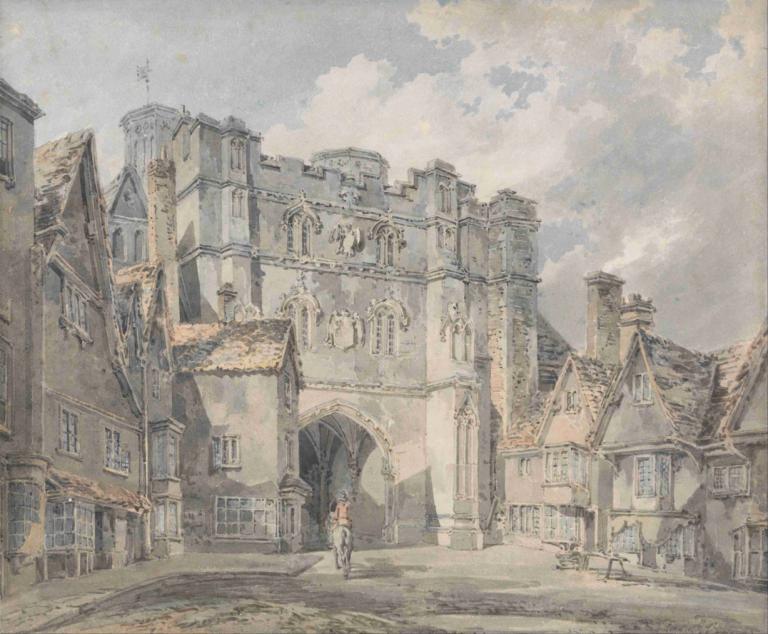 Christ Church Gate, Canterbury,坎特伯雷基督堂门,Joseph Mallord William Turner,约瑟夫-马洛德-威廉-透纳,油画,油画, 风景, 云, 天空, 建筑, 户外