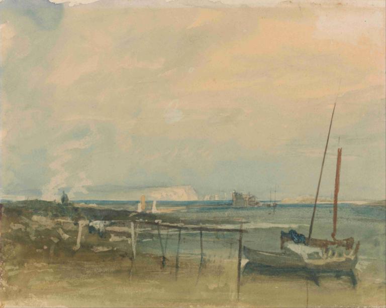 Coast Scene with White Cliffs and Boats on Shore,Beyaz Kayalıklar ve Kıyıdaki Teknelerle Sahil Sahnesi