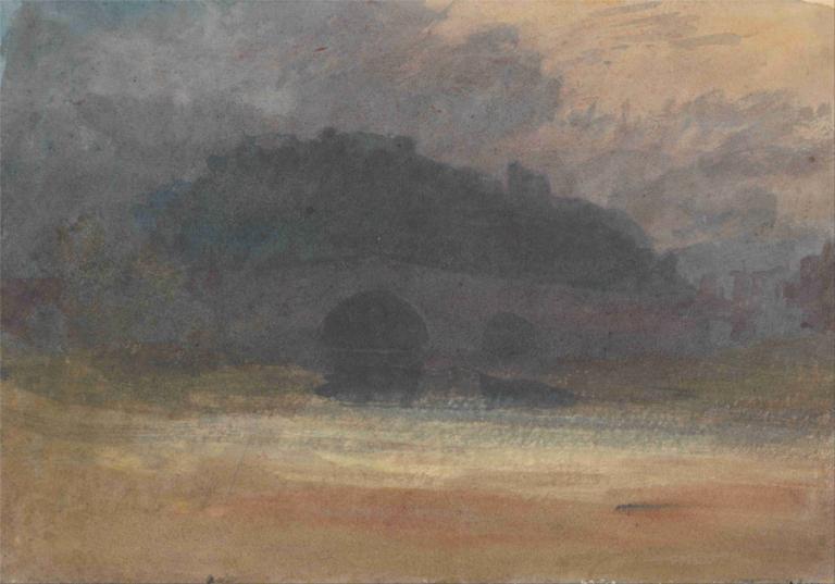 Evening Landscape with Castle and Bridge in Yorkshire,約克郡帶有城堡和橋樑的晚景,Joseph Mallord William Turner,威廉·特納,油畫,油畫