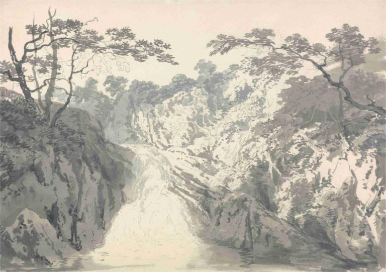 Landscape with Waterfall,瀑布景观,Joseph Mallord William Turner,约瑟夫-马洛德-威廉-透纳,铜版画,铜版画, 风景, 树, 没有人类, 户外, 水, 自然