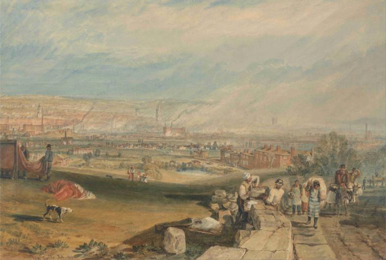 Leeds,利兹,Joseph Mallord William Turner,约瑟夫-马洛德-威廉-透纳,油画,油画, 户外, 风景, 多个男孩, 天空, 云, 建筑, 6+男孩, 传统媒体, 树, 草, 多个女孩