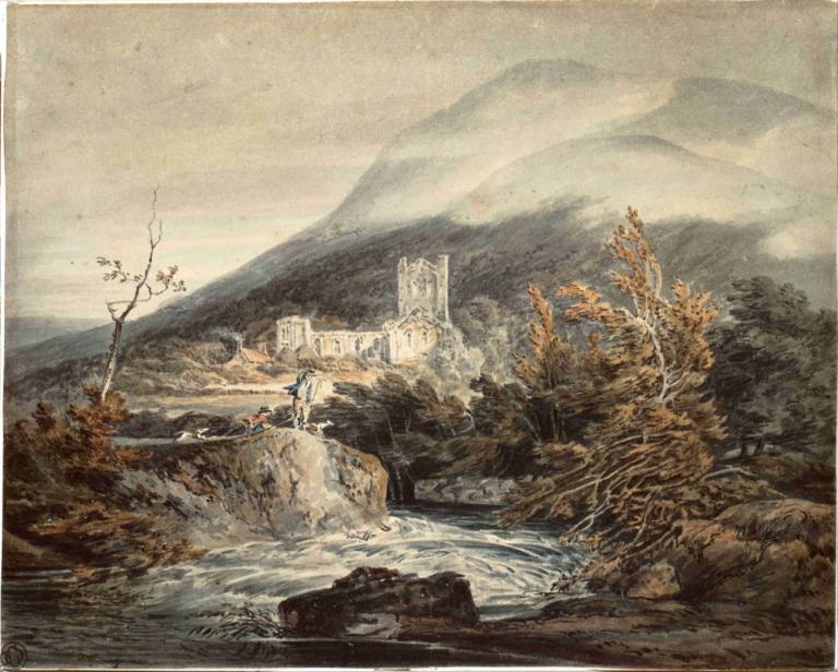 Llanthony Abbey, Monmouthshire,兰索尼修道院，蒙茅斯郡,Joseph Mallord William Turner,约瑟夫-马洛德-威廉-透纳,油画,油画, 树, 风景, 户外, 传统媒体