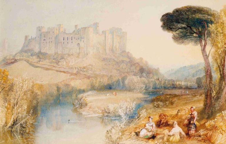 Ludlow Castle, Shropshire,鲁德洛城堡，什罗普郡,Joseph Mallord William Turner,约瑟夫-马洛德-威廉-透纳,油画,油画, 树, 风景, 户外, 坐着, 水, 河