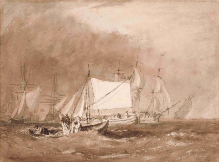 Shipping Scene, with Fishermen,船運現場，漁民雲集,Joseph Mallord William Turner,威廉·特納,油畫,油畫, 船隻, 船, 船, 單色, 沒有人類, 水