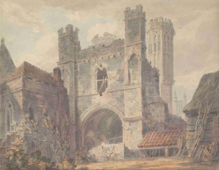 St. Augustine's Gate, Canterbury,聖奧古斯丁之門，坎特伯雷,Joseph Mallord William Turner,威廉·特納,油畫,油畫, 風景, 樹, 戶外, 天空, 雲, 大樓