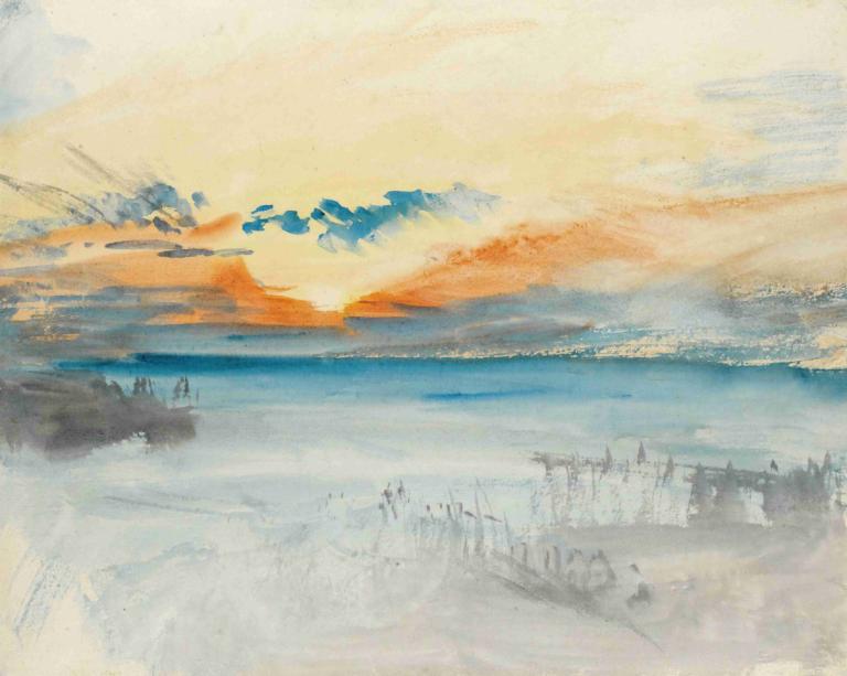 Sunset Over Water,海に沈む夕日,Joseph Mallord William Turner,ジョセフ・マロード・ウィリアム・ターナー,油絵,油絵, 景色, 人間がいない, 従来のメディア, 空, 雲