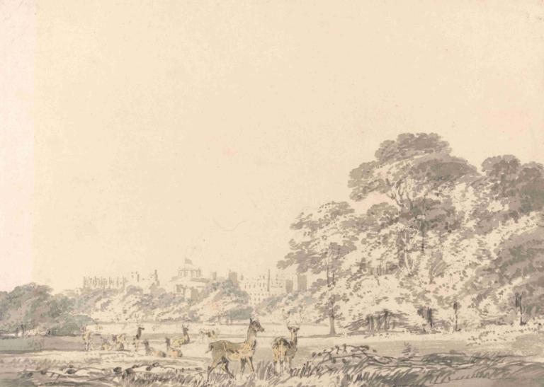 Windsor Castle and Park with Deer,温莎城堡和鹿鸣公园,Joseph Mallord William Turner,约瑟夫-马洛德-威廉-透纳,铜版画,铜版画, 树, 户外, 风景