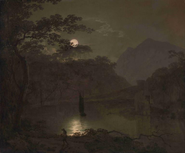 A Lake by Moonlight,月光下的湖,Joseph Wright of Derby,德比的約瑟夫·賴特,油畫,油畫, 樹, 月亮, 風景, 戶外, 獨奏, 多霧路段, 滿月, 山, 自然, 天空, 夜晚