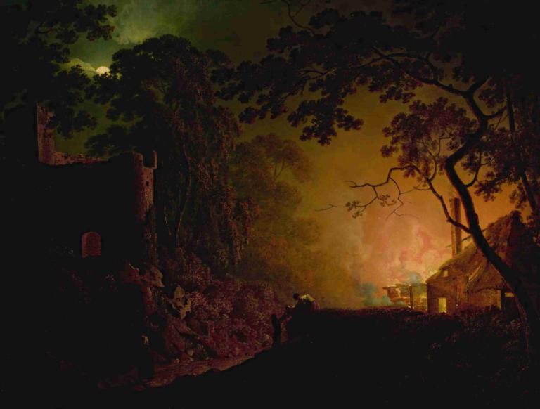 A cottage on fire at night,Joseph Wright of Derby,Oil Painting,Oil Painting, tree, scenery, outdoors, dark