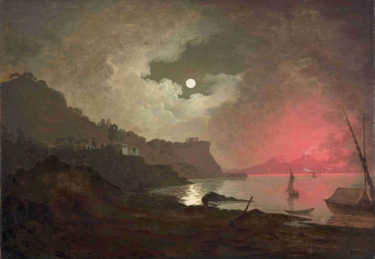 A view of Vesuvius from Posillipo, Naples,Joseph Wright of Derby,Oil Painting,Oil Painting, scenery, moon