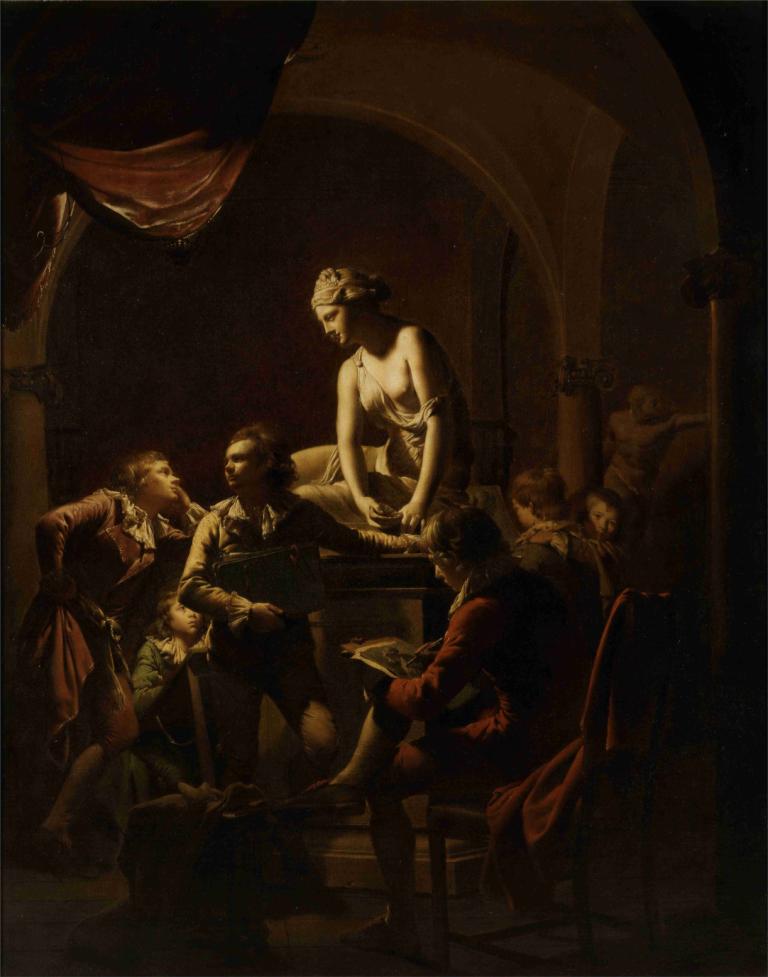 Academy By Lamplight,Joseph Wright of Derby,Oil Painting,Oil Painting, fine art parody, sitting