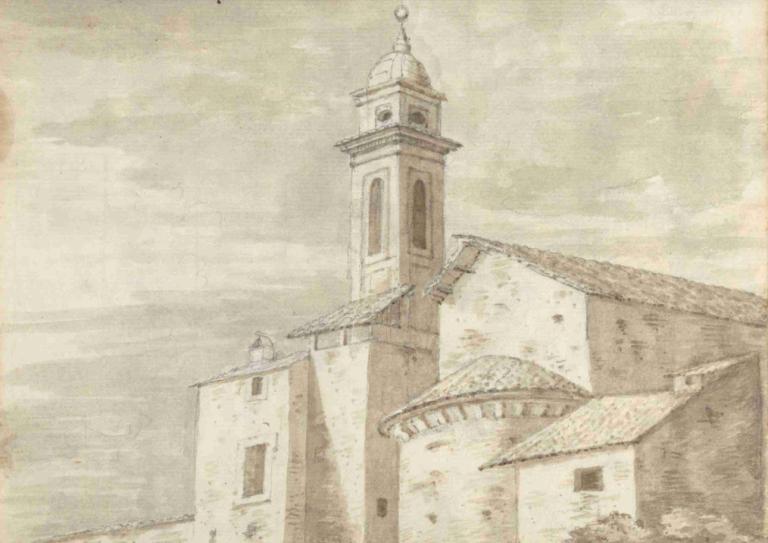 Church with a Tiled Roof and Tower,Joseph Wright of Derby,Sketch,Sketch, scenery, no humans, outdoors, cloud