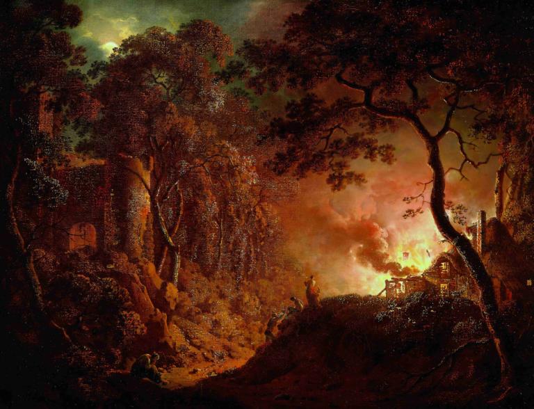 Cottage on Fire,Joseph Wright of Derby,Oil Painting,Oil Painting, scenery, tree, no humans, nature, outdoors