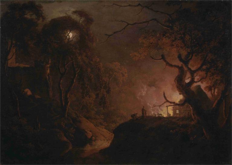 Cottage on fire at night,Joseph Wright of Derby,Oil Painting,Oil Painting, tree, scenery, no humans, outdoors