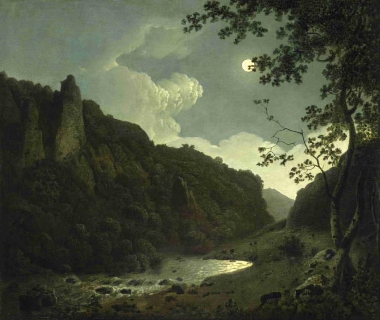 Dovedale by Moonlight,月光下的多維代爾,Joseph Wright of Derby,德比的約瑟夫·賴特,油畫,油畫, 沒有人類, 風景, 樹, 戶外, 雲, 天空, 月亮, 自然, 山