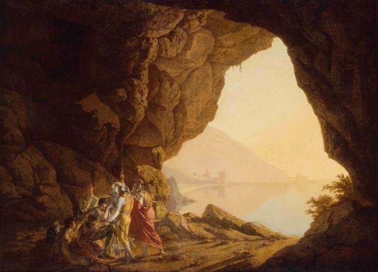 Grotto by the Seaside in the Kingdom of Naples with Banditti, Sunset,Joseph Wright of Derby,Oil Painting