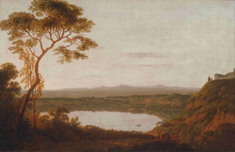 Lake Albano,Joseph Wright of Derby,Oil Painting,Oil Painting, scenery, tree, outdoors, sky, cloud, landscape