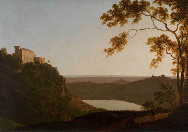 Lake Nemi, sunset,네미 호수, 석양,Joseph Wright of Derby,더비의 조셉 라이트,오일 페인팅,오일 페인팅, 경치, 나무, 옥외, 인간은 없어, 하늘, 건물, 풍경, 물