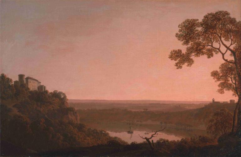 Lake Nemi,Joseph Wright of Derby,Oil Painting,Oil Painting, scenery, tree, outdoors, no humans, sky, sunset