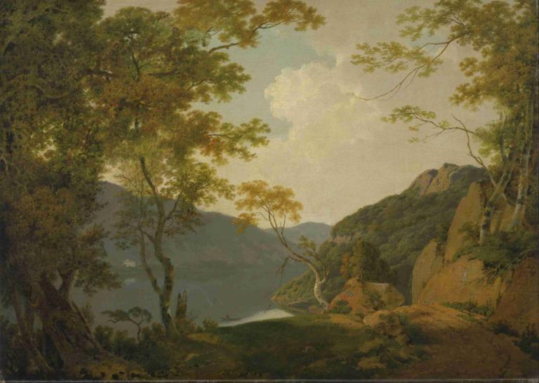 Lake Scene,Joseph Wright of Derby,Oil Painting,Oil Painting, tree, scenery, outdoors, no humans, sky, cloud