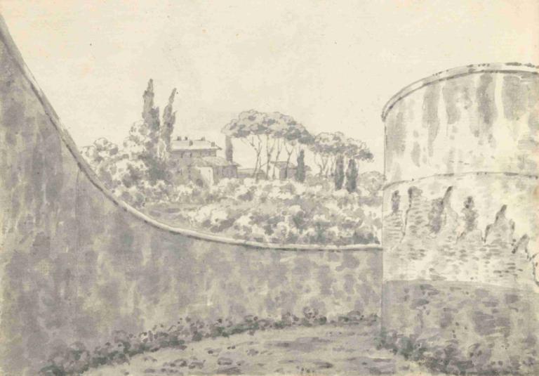 Landscape with a Curved Wall, Round Tower and Distant Villa,Landschap met een gebogen muur