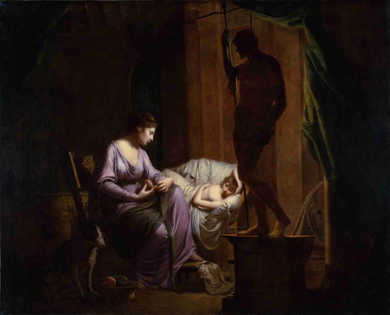 Penelope Unraveling Her Web,Penelope ontrafelt haar web,Joseph Wright of Derby,Joseph Wright uit Derby