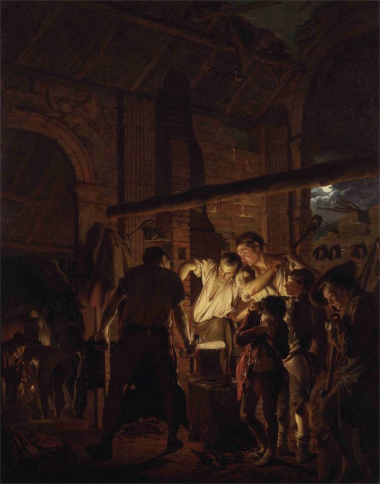 The Blacksmith's Shop,铁匠铺,Joseph Wright of Derby,德比的约瑟夫-赖特,油画,油画, 多个男孩, 6+男孩, 美术模仿, 常设, 武器, 保持, 短发, 帽子, 多个女孩