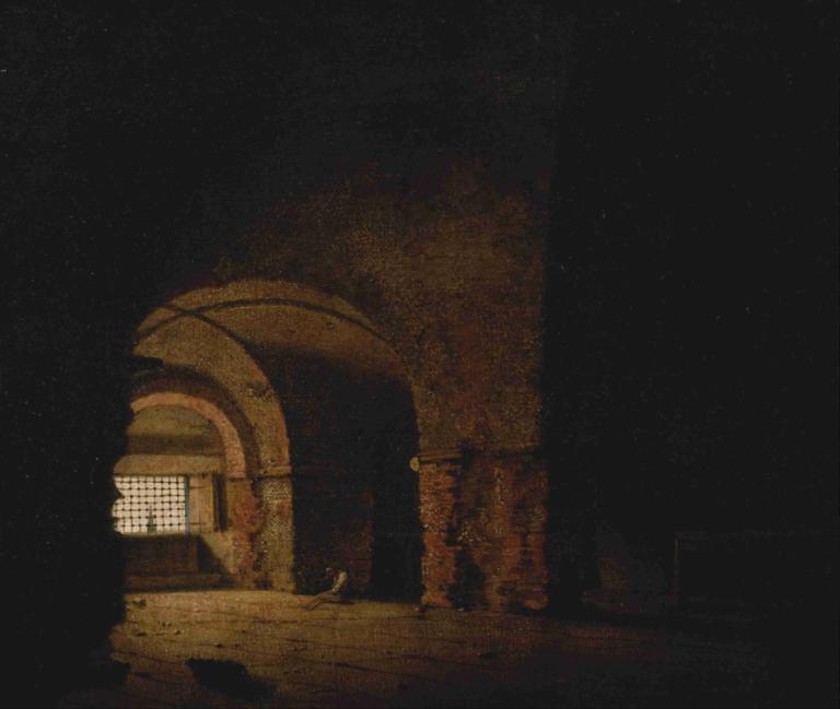 The Prisoner,囚犯,Joseph Wright of Derby,德比的约瑟夫-赖特,油画,油画, 黑暗的, 风景, 窗户, 夜晚, 没有人类, 星星（天空）, 门, 天空